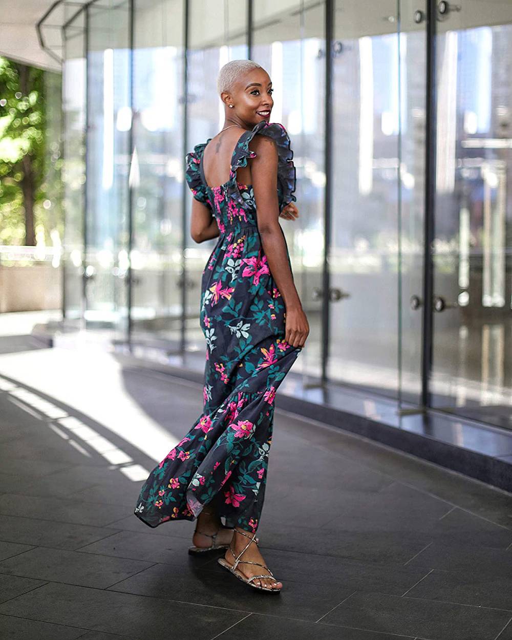 The Drop Women's Black Floral Print Ruffle Shoulder Maxi Dress by @signedblake
