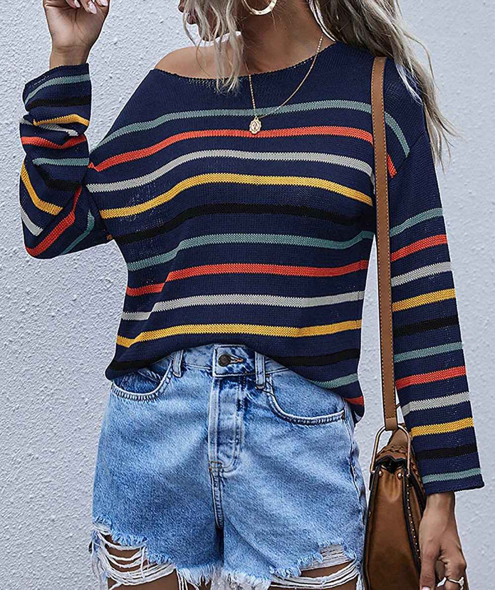 ZESICA Long Bell Sleeve Rainbow Striped Pullover Sweater