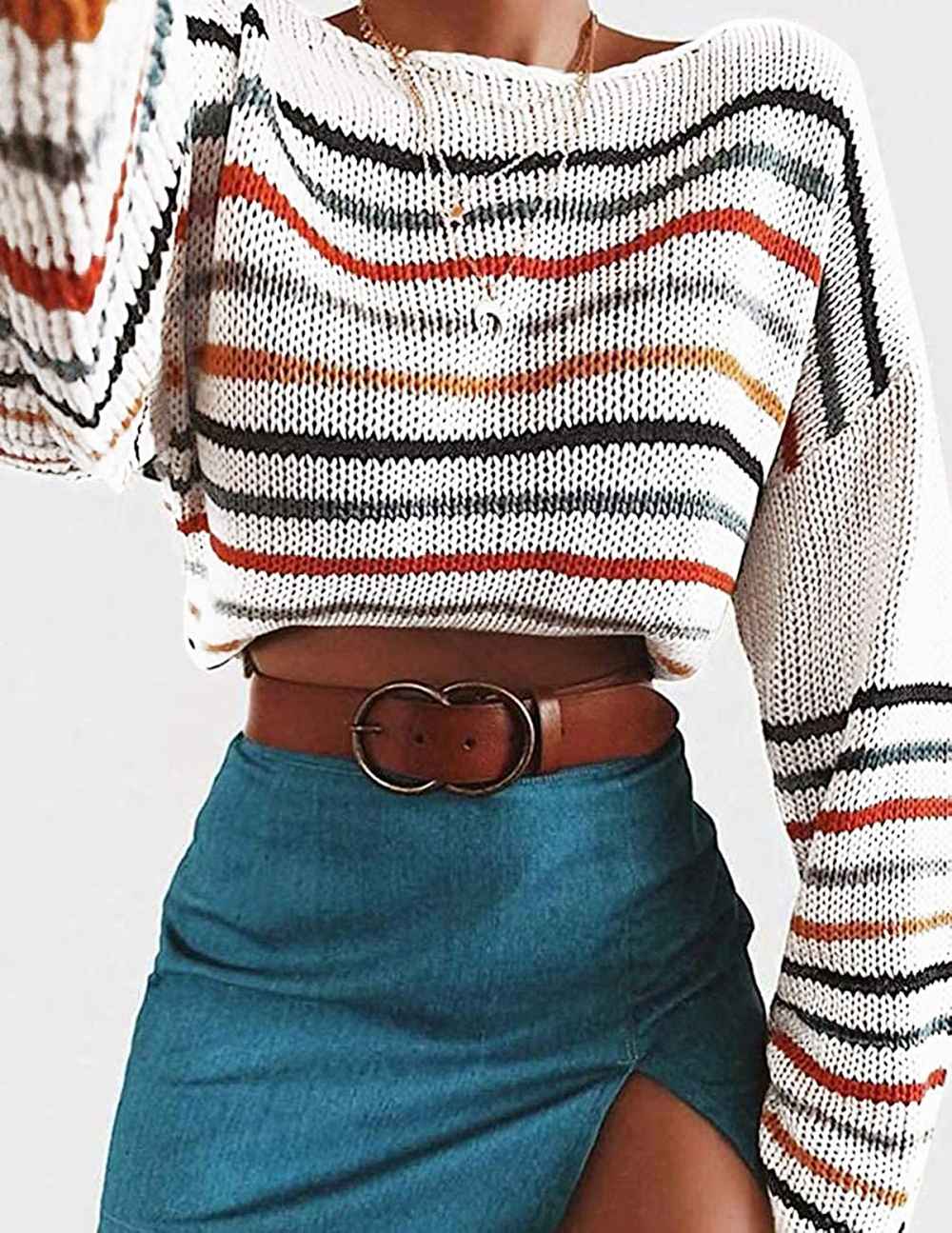 ZESICA Long Bell Sleeve Rainbow Striped Pullover Sweater