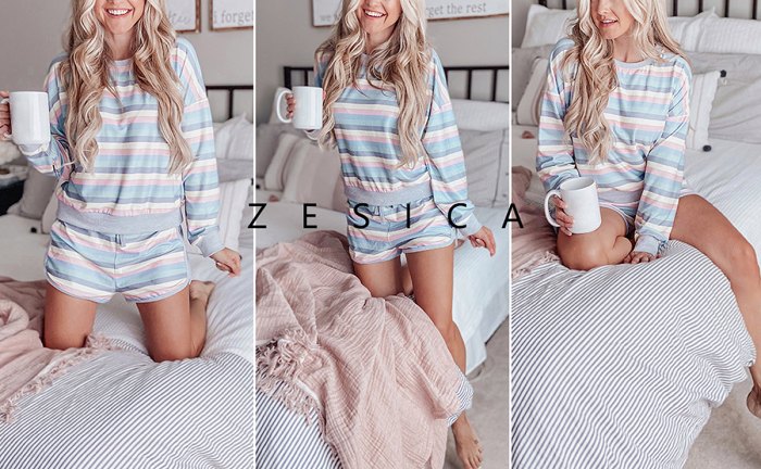 ZESICA Long Sleeve Rainbow Striped Color-Block Pullover Pajama Set
