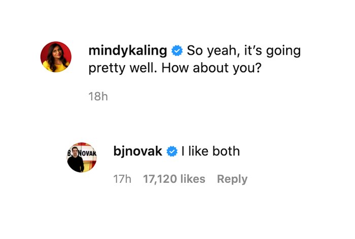 B.J. Novak Leaves Sweet Comment on Mindy Kaling's Throwback Pic