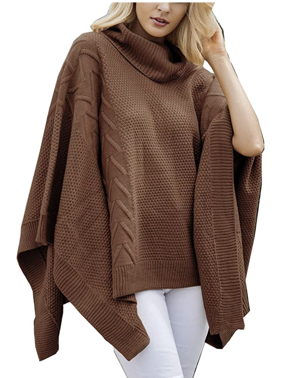 BerryGo Women's Chic Turtleneck Batwing Sleeve Asymmetric Knitted Poncho (Brown)