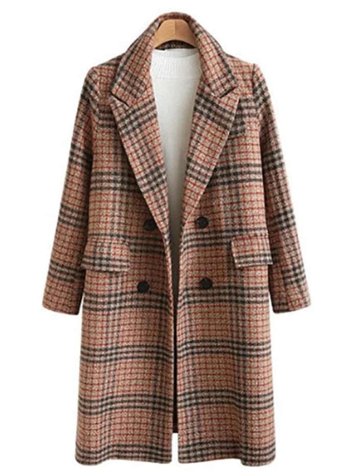 Chartou Women's Winter Oversize Woolen Plaid Double Breasted Long Peacoat