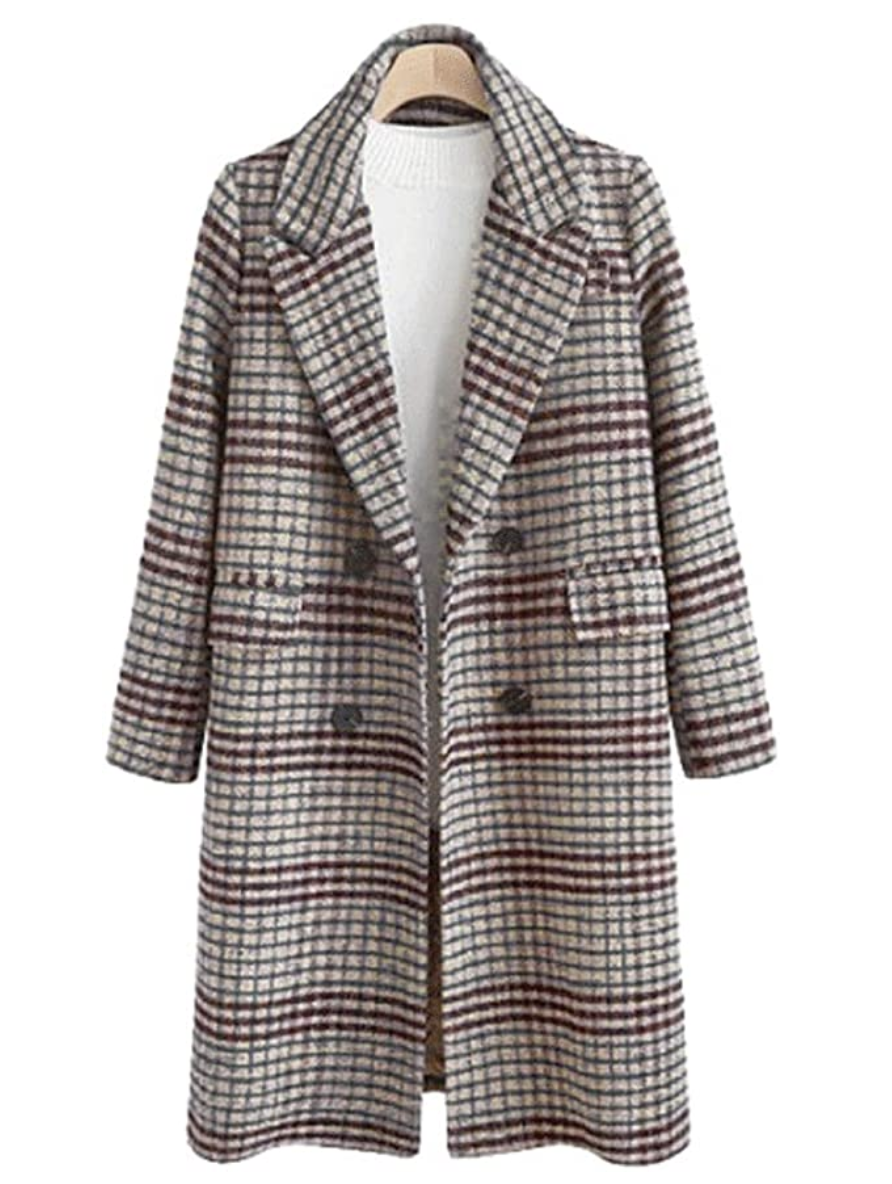 Chartou Women's Winter Oversize Woolen Plaid Double Breasted Long Peacoat