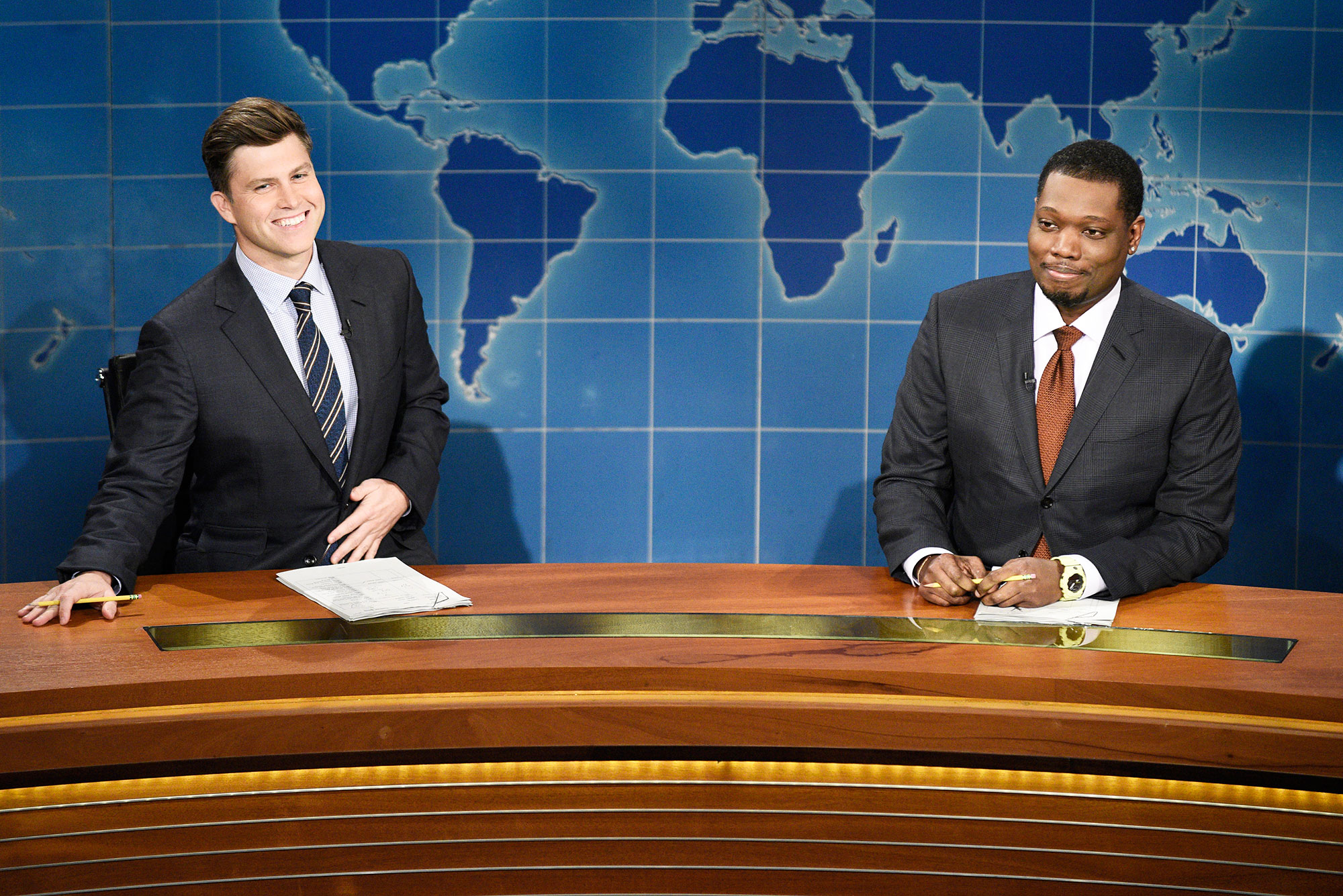 Colin Jost and Michael Che during Weekend Update on Saturday Night Live Colin Jost Returns to Saturday Night Live After Wedding to Scarlett Johansson