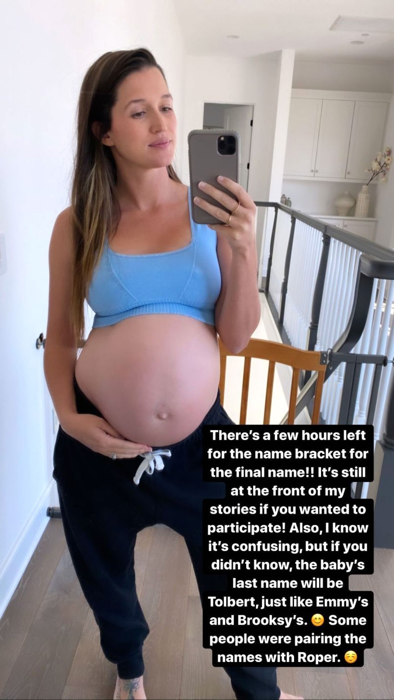 Jade Roper Name Game Pregnant Blue Sports Bra and Black Sweats