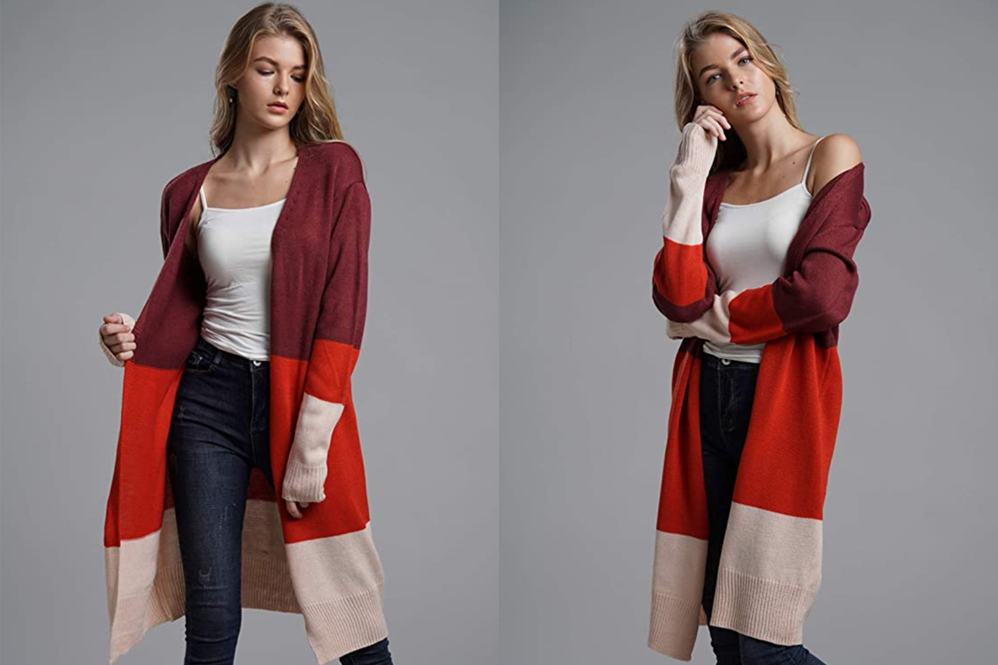 KIRUNDO Women’s Open Front Long Color Block Fall Sweater