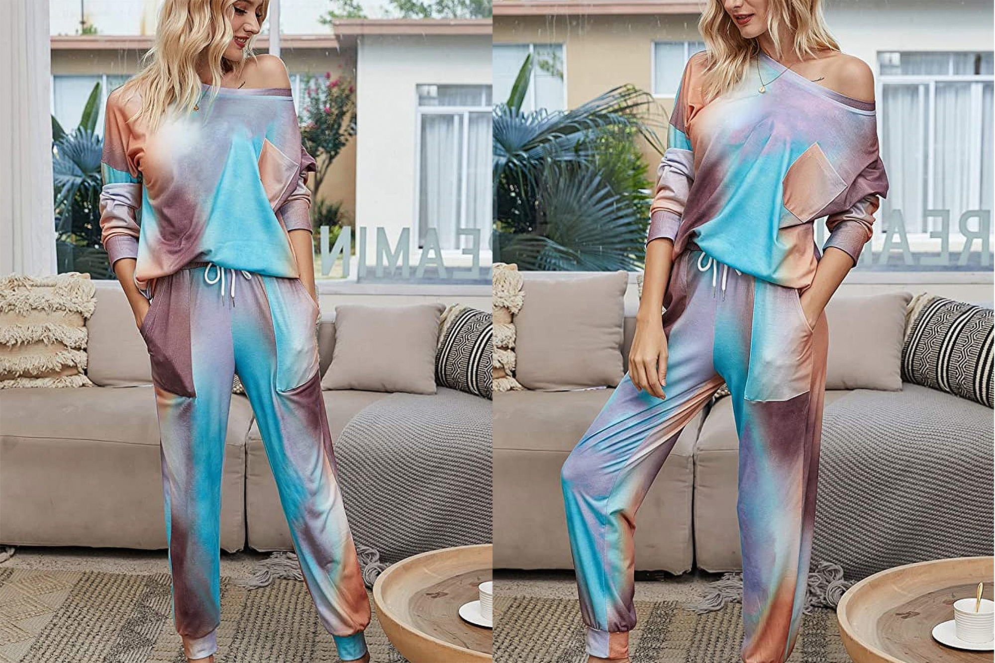 Kaowee Women's 2 Piece Tie Dye Printed Long Top and Pants Pajamas Set