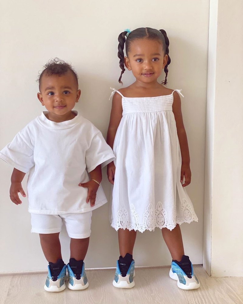 Kim Kardashian Instagram Chicago West and Psalm West White Outfits and Matching Sneakers