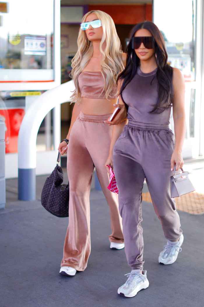 Kim Kardashian and Paris Hilton Twin in Velour Tracksuits for Skims