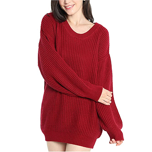 Liny Xin Women's Cashmere Oversized Loose Knitted Crew Neck Sweater (Red)