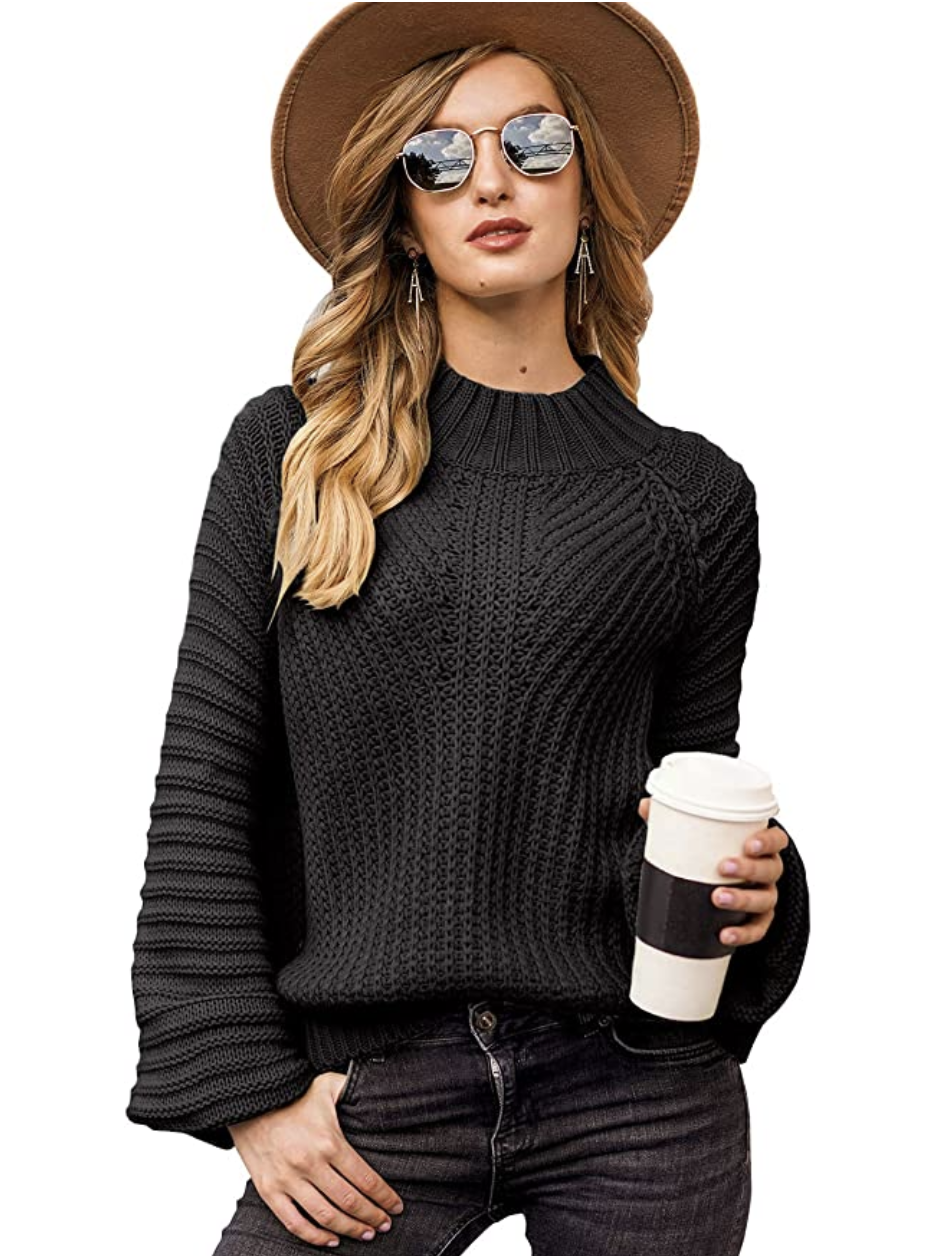Miessial Women's Cable Knit Lantern Sleeve Sweater (Black)