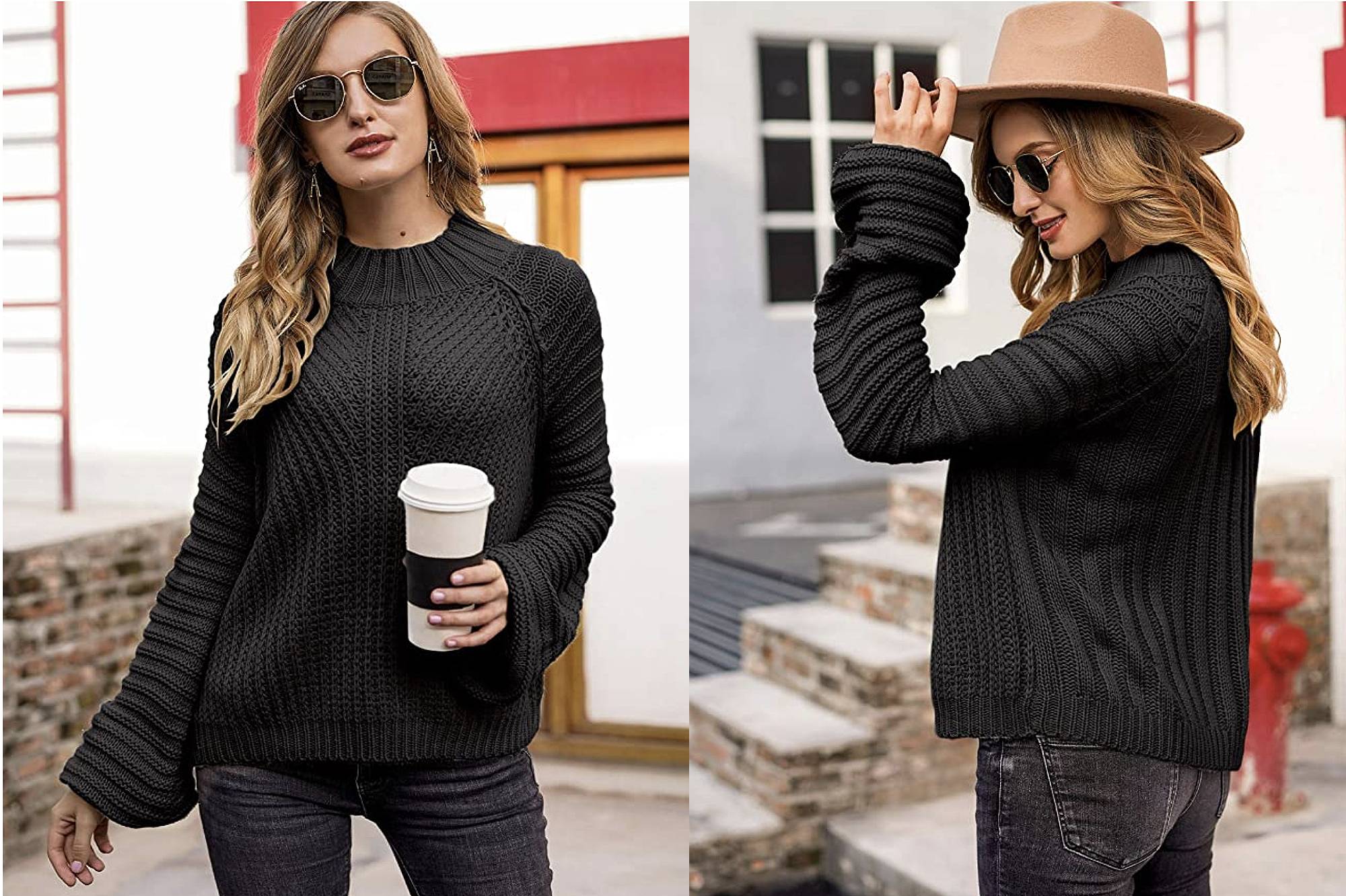 Miessial Women's Cable Knit Lantern Sleeve Sweater