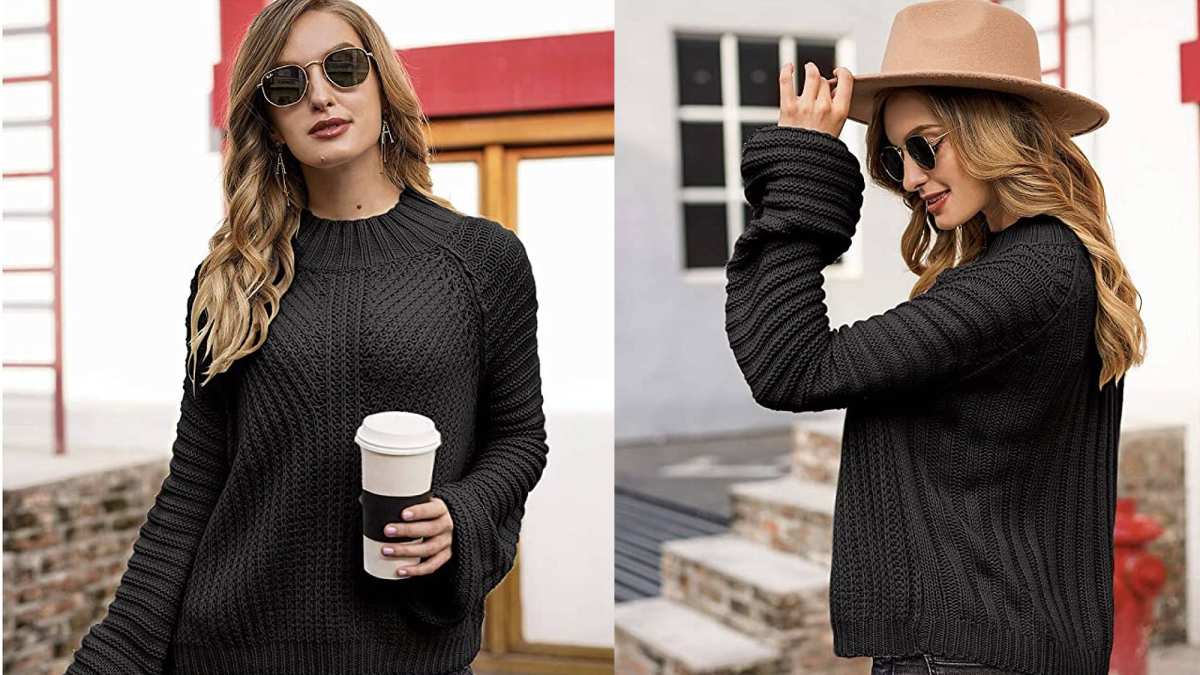 Miessial Women's Cable Knit Lantern Sleeve Sweater