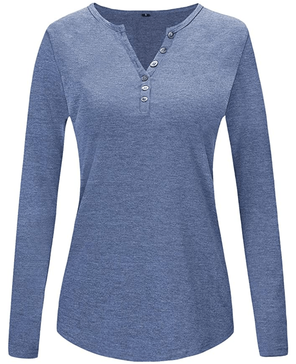 OUGES Women's Long Sleeve V-Neck Button Causal Top (Blue)