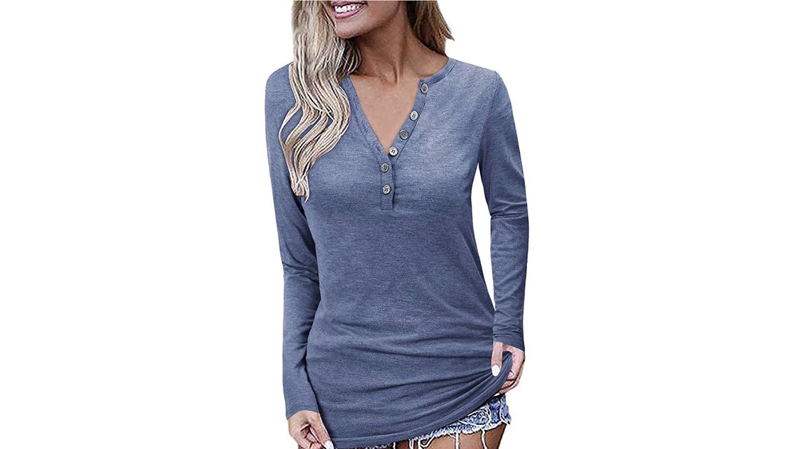 OUGES Women's Long Sleeve V-Neck Button Causal Top