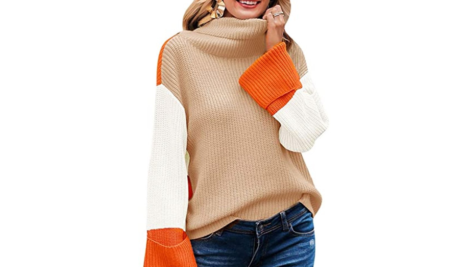 SAUKOLE Women’s Turtleneck Color Block Casual Long Chunky Knitted Pullover