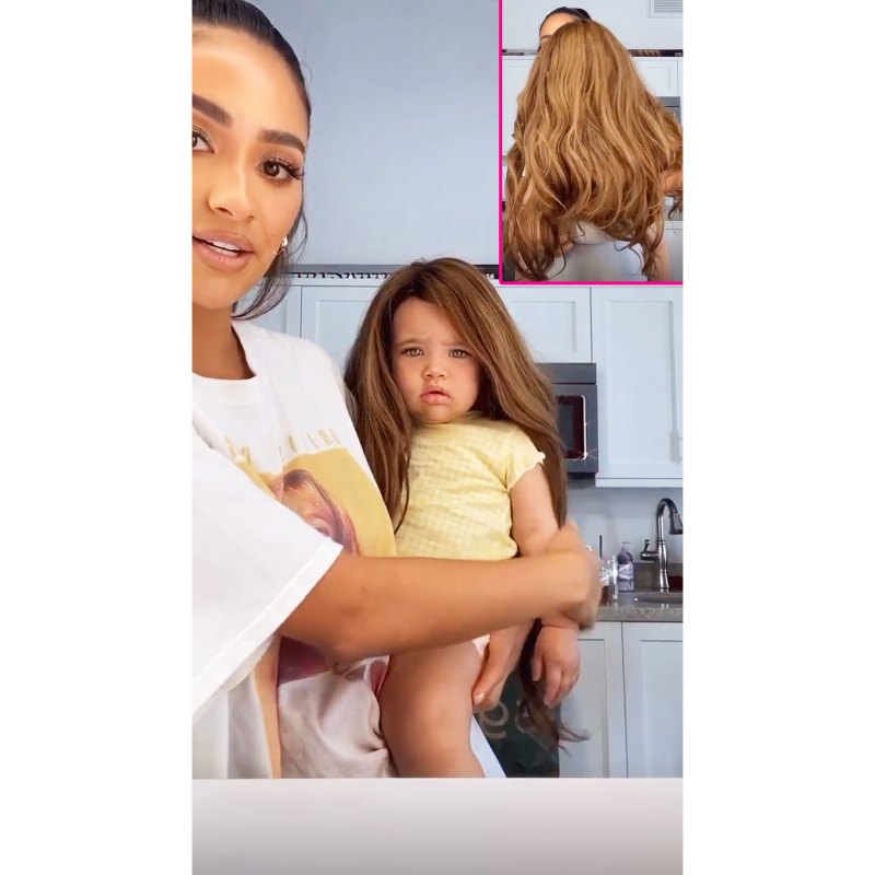 Shay Mitchell Daughter Atlas Wearing A long layered Rapunzel Wig