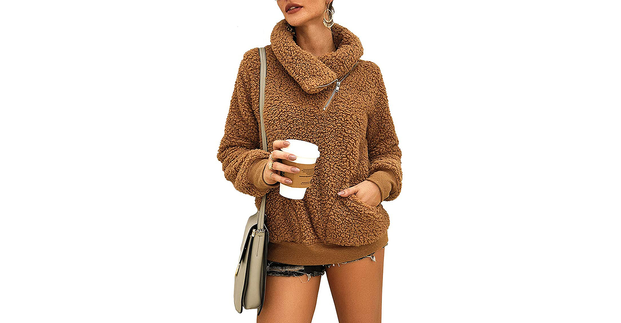 KIRUNDO 2020 Winter Lapel Faux-Shearling Sweatshirt