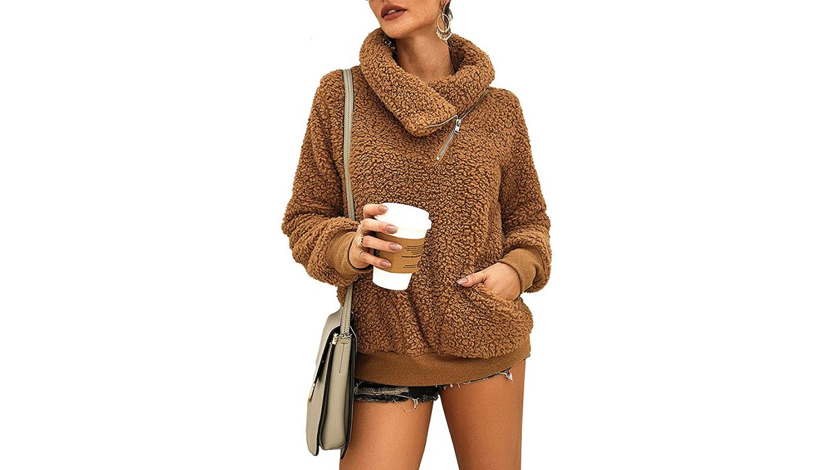KIRUNDO 2020 Winter Lapel Faux-Shearling Sweatshirt