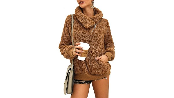 KIRUNDO 2020 Winter Lapel Faux-Shearling Sweatshirt
