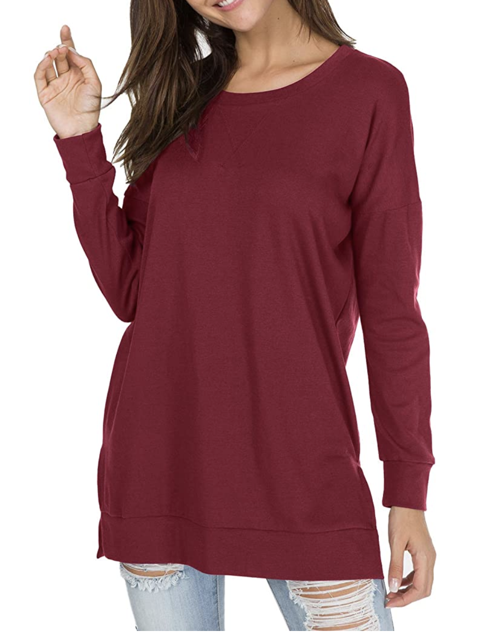 levaca Women's Fall Long Sleeve Side Split Loose Casual Pullover Tunic Top