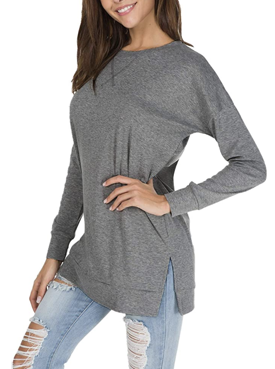 levaca Womens Fall Long Sleeve Side Split Loose Casual Pullover Tunic Tops