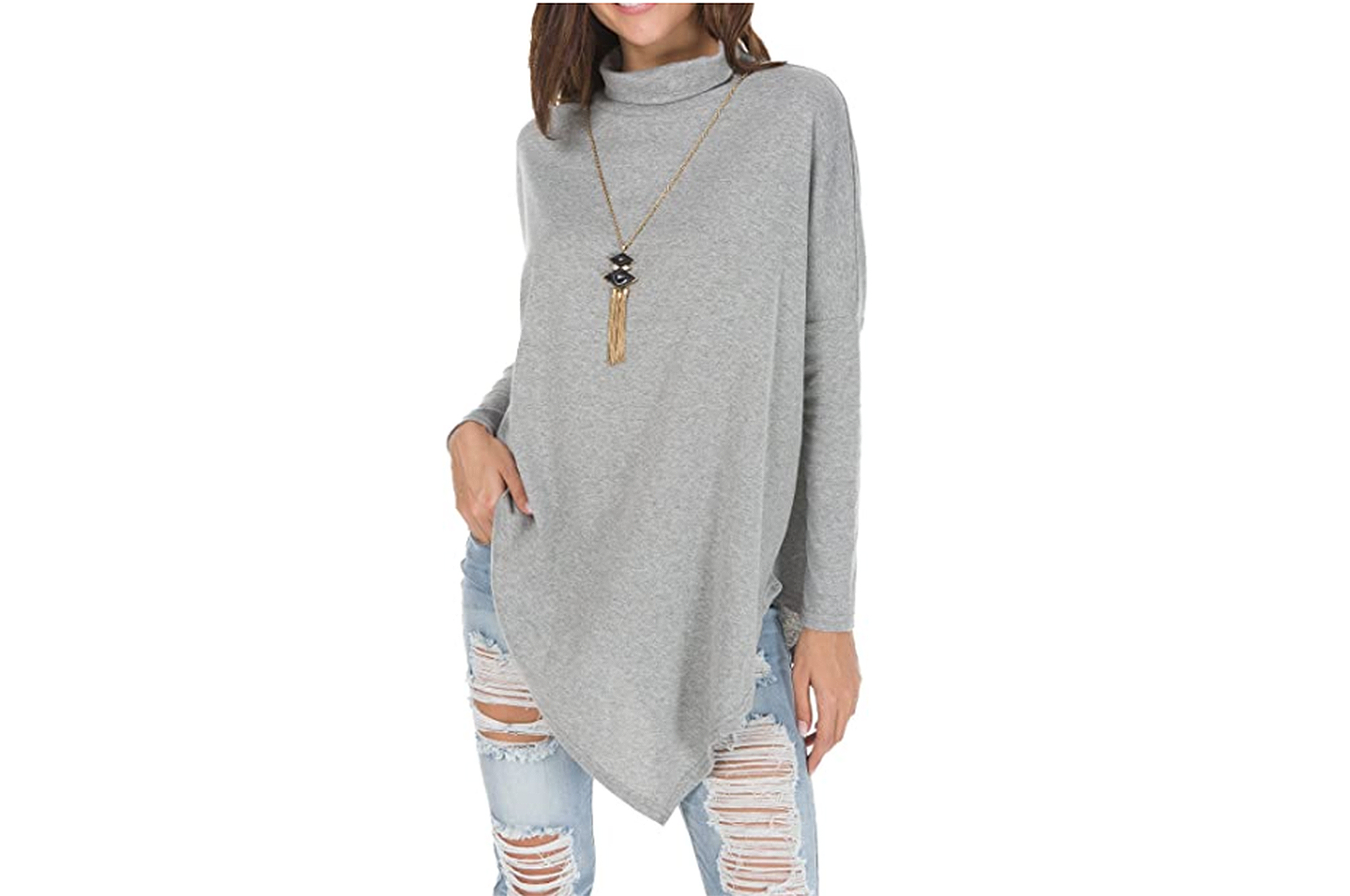 levaca Women's Long Batwing Sleeve Turtleneck Hankerchief Casual Tunic