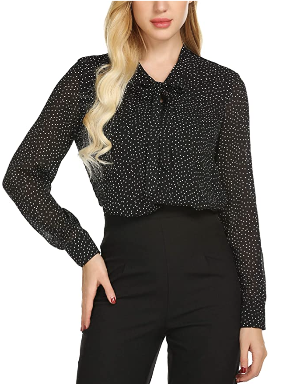ACEVOG Women's Bow Tie Neck Long/Short Sleeve Casual Office Work Chiffon Blouse