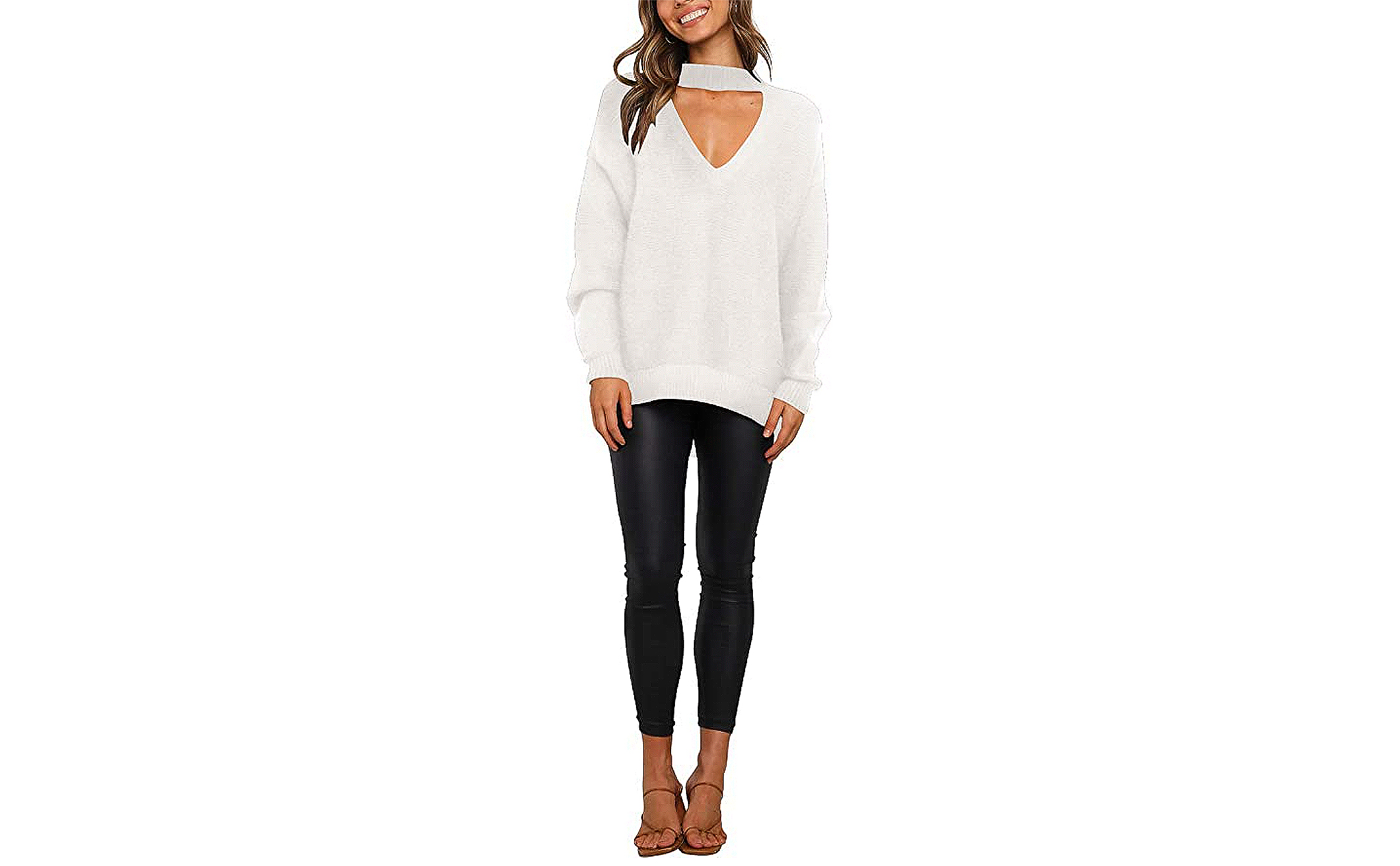 ANRABESS Women's Off Shoulder V Neck High Low Hem Knit Sweater