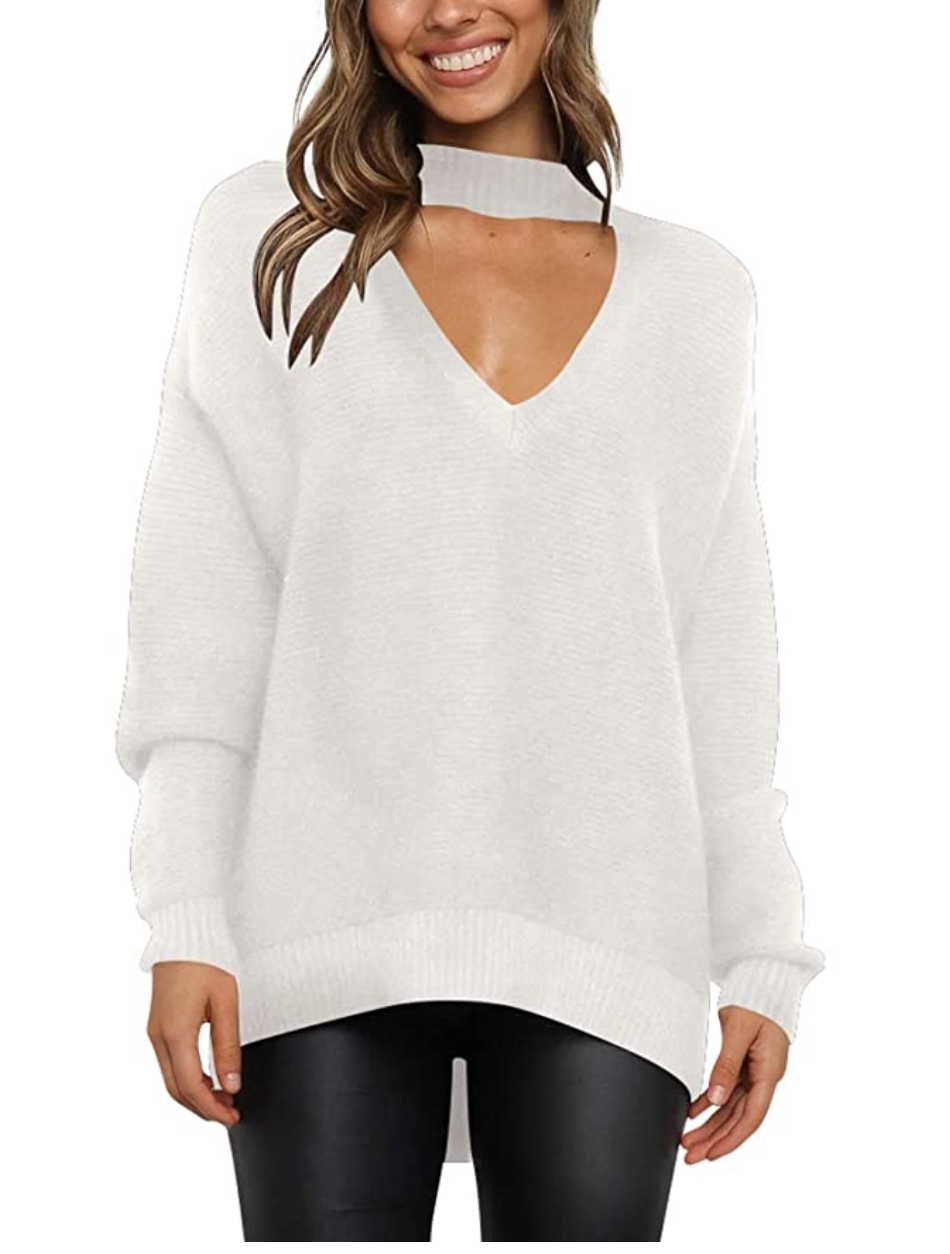 ANRABESS Women's Off Shoulder V Neck High Low Hem Knit Sweater