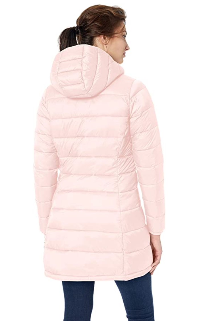 Amazon Essentials Abrigo acolchado con capucha, ligero, de manga larga, con cremallera completa, resistente al agua, para mujer