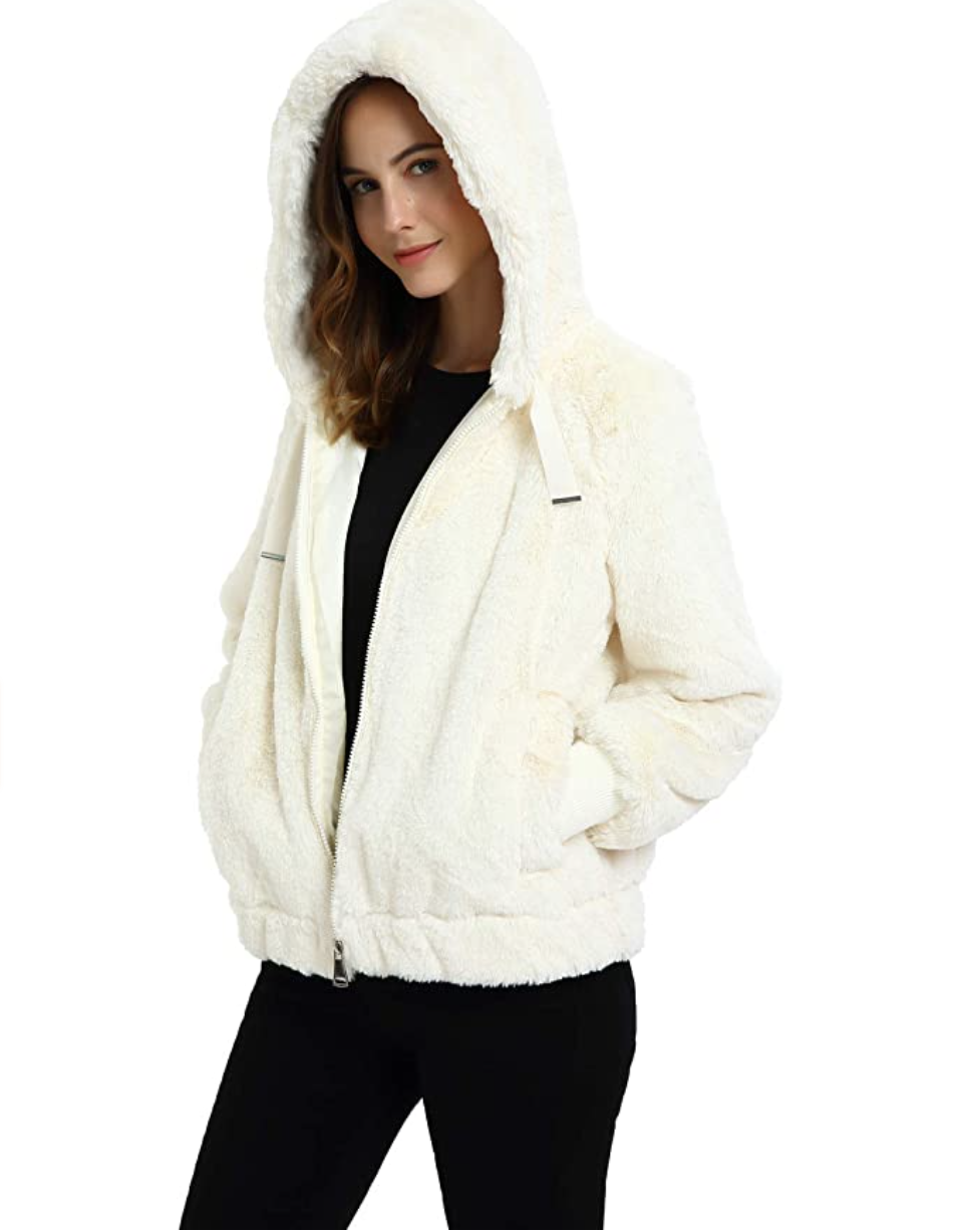 The Fuzzy Jacket with Hood for Spring Fall and Winter Bellivera Women’s Faux Fur Coat with 2 Side-Seam Pockets