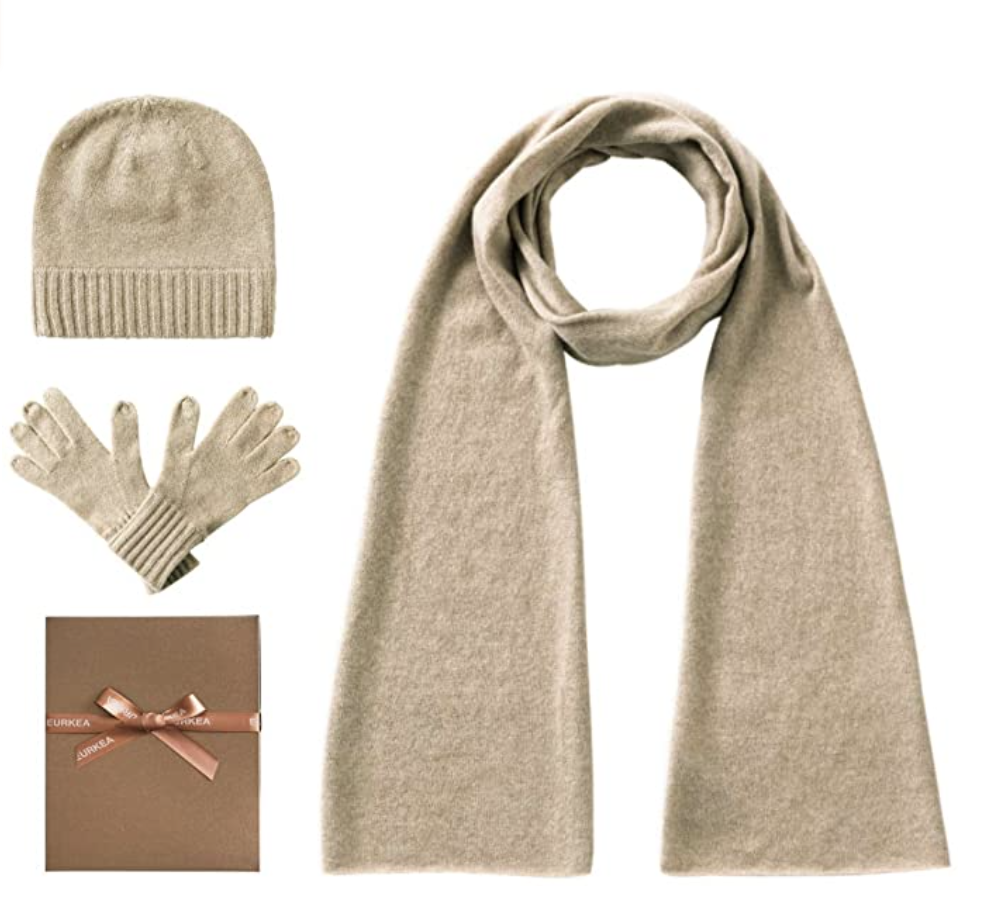EURKEA Women’s 100% Pure Cashmere Scarf, Gloves, Beanie Hat Gift Box Set