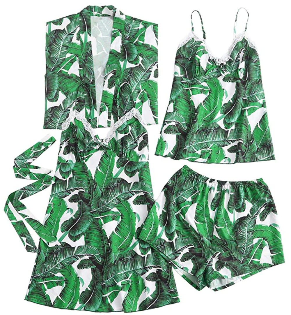 Floerns Women's 4pcs Sleepwear Tropical Palm Leaf Pajama Set
