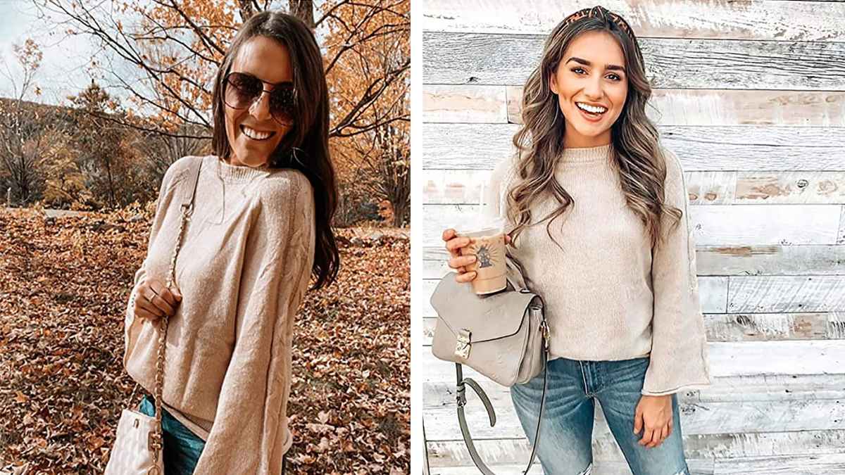 Hibluco Women's Casual Flare Sleeve Pullover Loose Knitted Crewneck Sweater