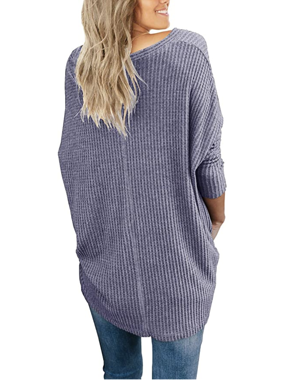 IWOLLENCE Women's Waffle Knit Tunic Blouse Tie Knot Henley Top