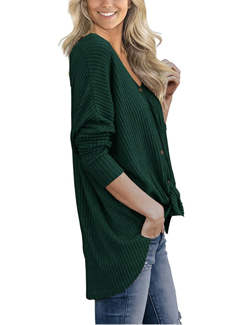IWOLLENCE Women's Waffle Knit Tunic Blouse Tie Knot Henley Top