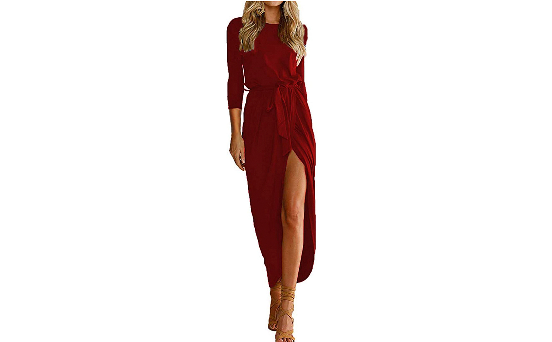 Qearal Women's Fall Short 3/4 Sleeve Belted Dress