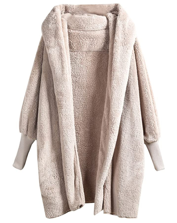 SweatyRocks Women's Khaki Hooded Dolman Sleeve Faux Fur Cardigan Coat