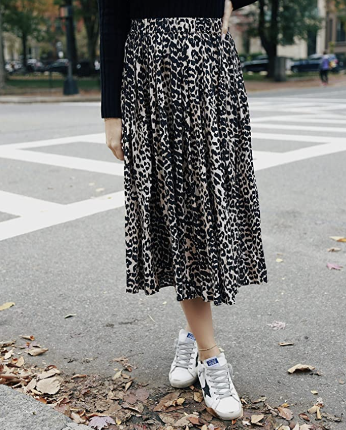 The Drop Women's Leopard Print Pleated Pull-On Midi Skirt