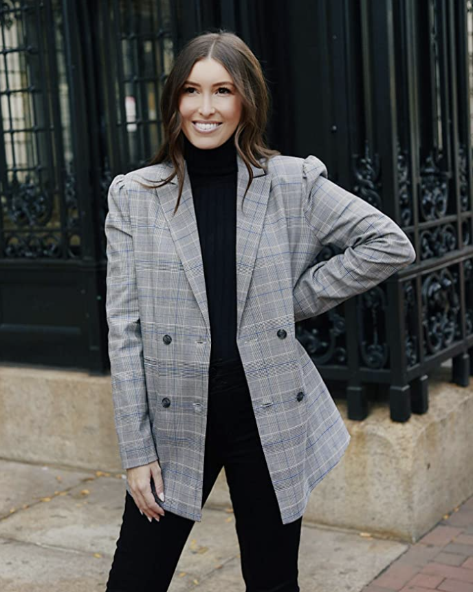 The Drop Women's Plaid Long-Line Double-Breasted Blazer