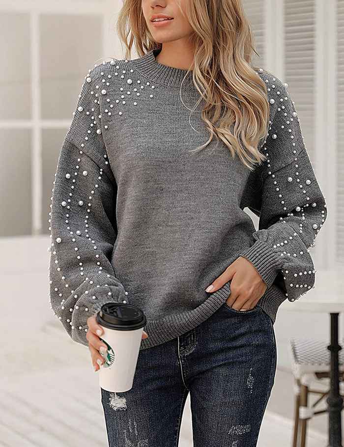 Blooming Jelly Lantern Sleeve Oversized Pullover Sweater with Pearls