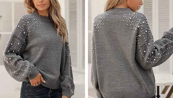 Blooming Jelly Lantern Sleeve Oversized Pullover Sweater with Pearls