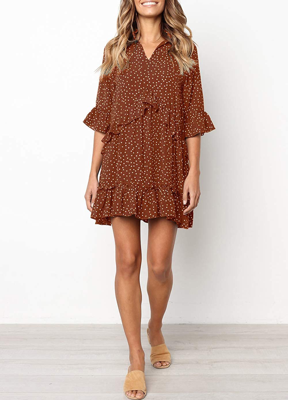 MITILLY V-Neck Ruffle Polka Dot Dress