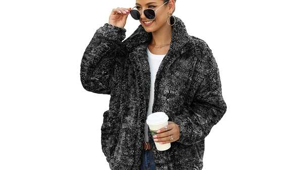 ANRABESS Women's Fashion Hooded Zip Up Faux Shearling Shaggy Oversized Coat