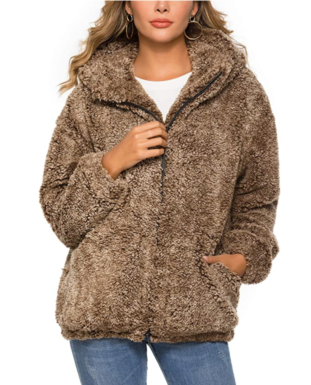 ANRABESS Women's Fashion Hooded Zip Up Faux Shearling Shaggy Oversized Coat