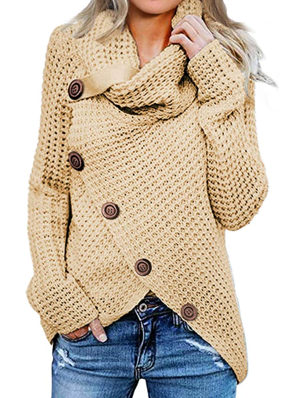 Asvivid Women's Button Turtle Cowl Neck Asymmetric Hem Wrap Pullover Sweater