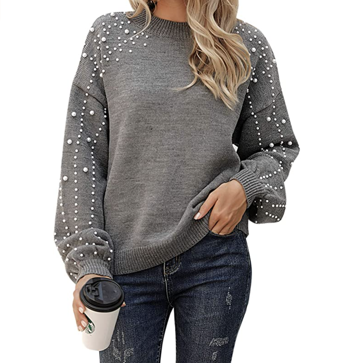 Pearl embellished necl-line knitted white jumper top 