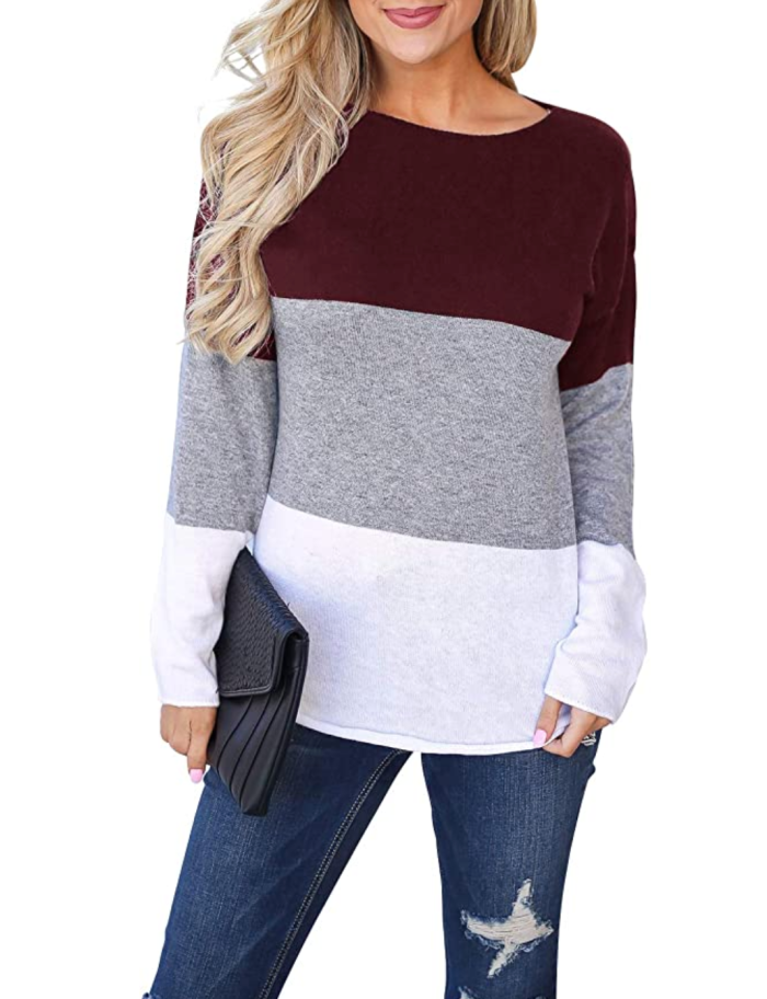 Blooming Jelly Women's Long Sleeve Round Neck Color Block Stripe Top